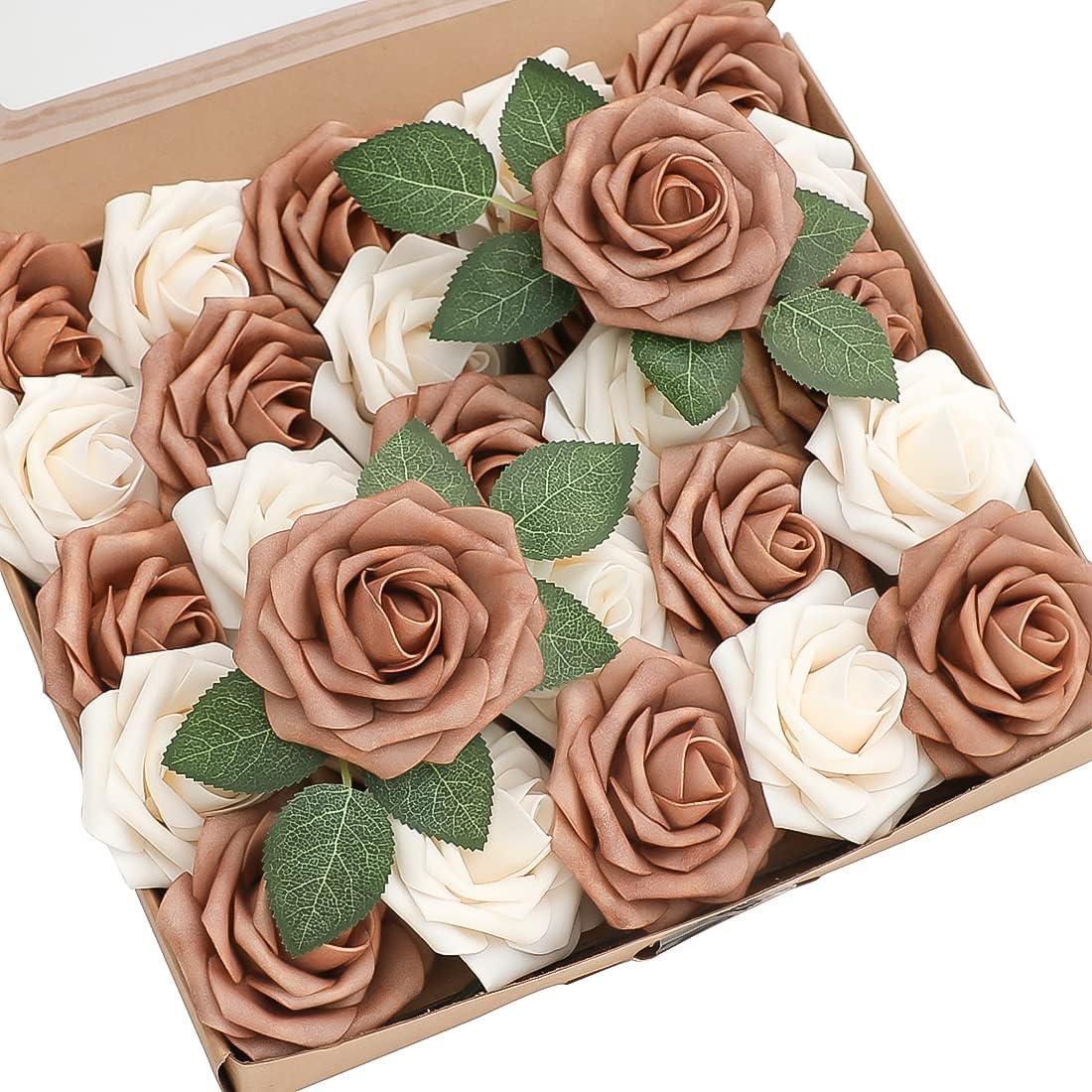 Floroom Artificial Flowers 25pcs Real Looking Gold Sparrow & Cream Foam Fake Roses with Stems for DIY Wedding Bouquets Bridal Shower Centerpieces Floral Arrangements Party Tables Home Decorations