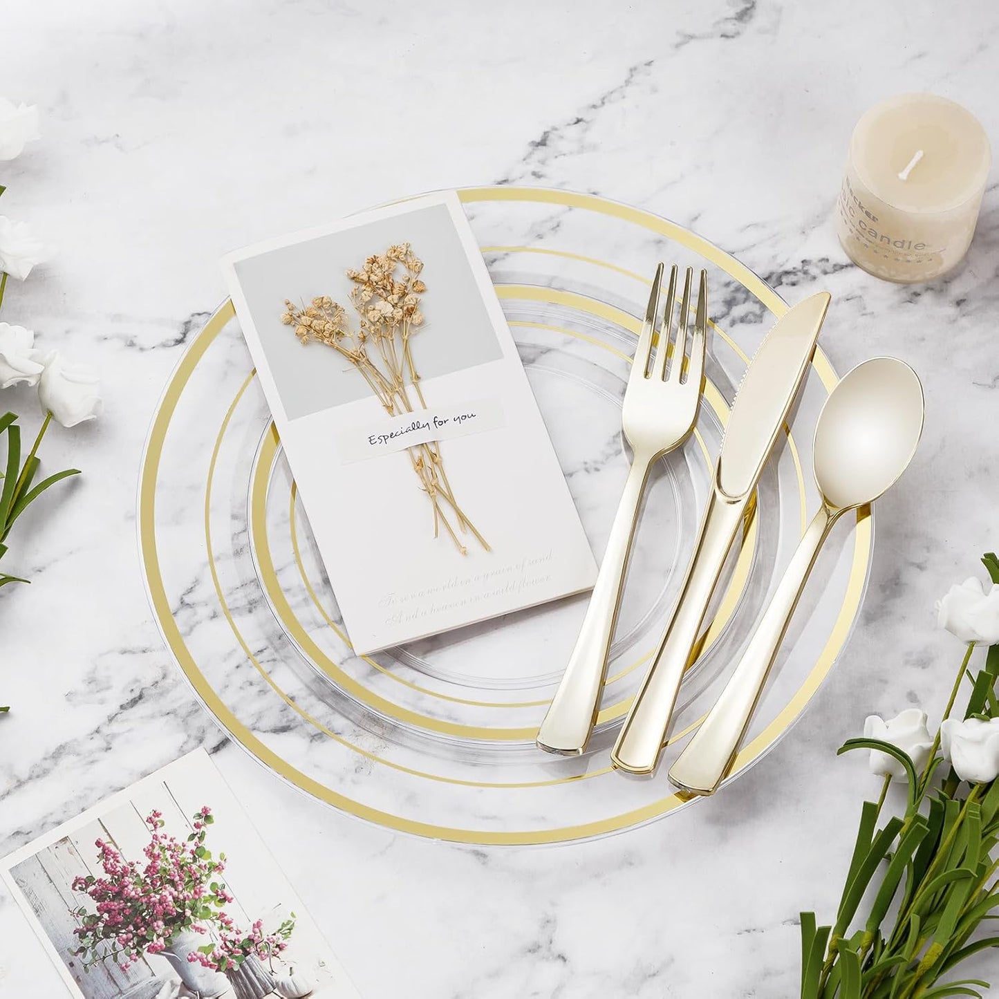 300PCS Clear Gold Plastic Plate Set (50 Guests), Disposable Dinnerware Set for Party, Wedding, Birthday - 100 Plates, 100 Forks, 50 Spoons, 50 Knives for Christmas, Thanksgiving