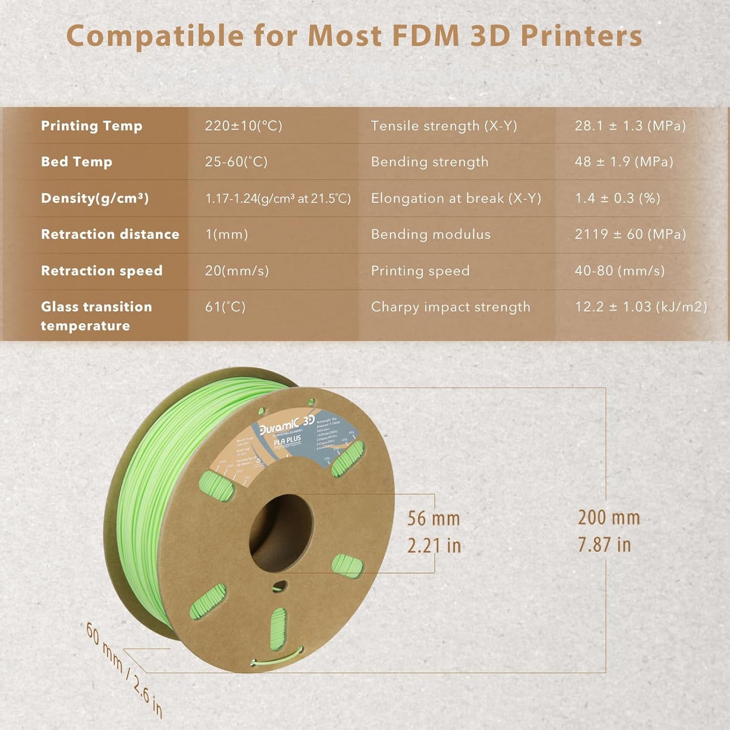 DURAMIC 3D PLA+ Filament 1.75mm 1Kg Neon Green, PLA Plus Filament 1Kg Spool(2.2lbs) Tougher and Stronger, Dimensional Accuracy Probability +/- 0.02mm