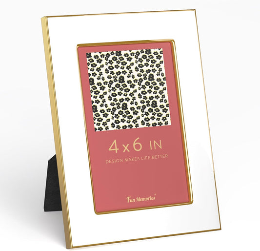 Fun Memories 4x6 Picture Frame - 1pcs White Enamel Glass Photo Frame with Gold Metal Edge & Easel for Display Picture Frame on Countertops, Tabletops, Bookshelves, Desks, Walls (White/Gold)