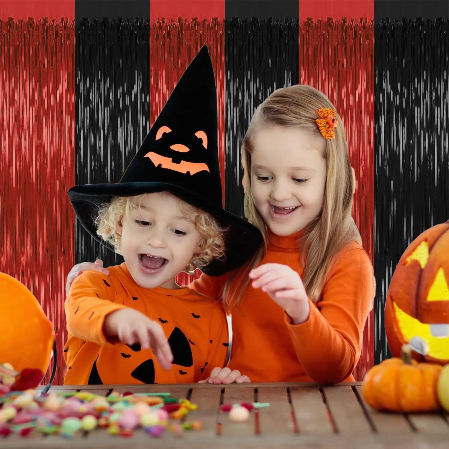 4 Pack Backdrop Curtains,3.28 Ft x 6.56 FT Red Black Halloween Backdrop,Metallic Party Streamer Tinsel Backdrop,Foil Curtains Backdrop Halloween Decorations Party Supplies