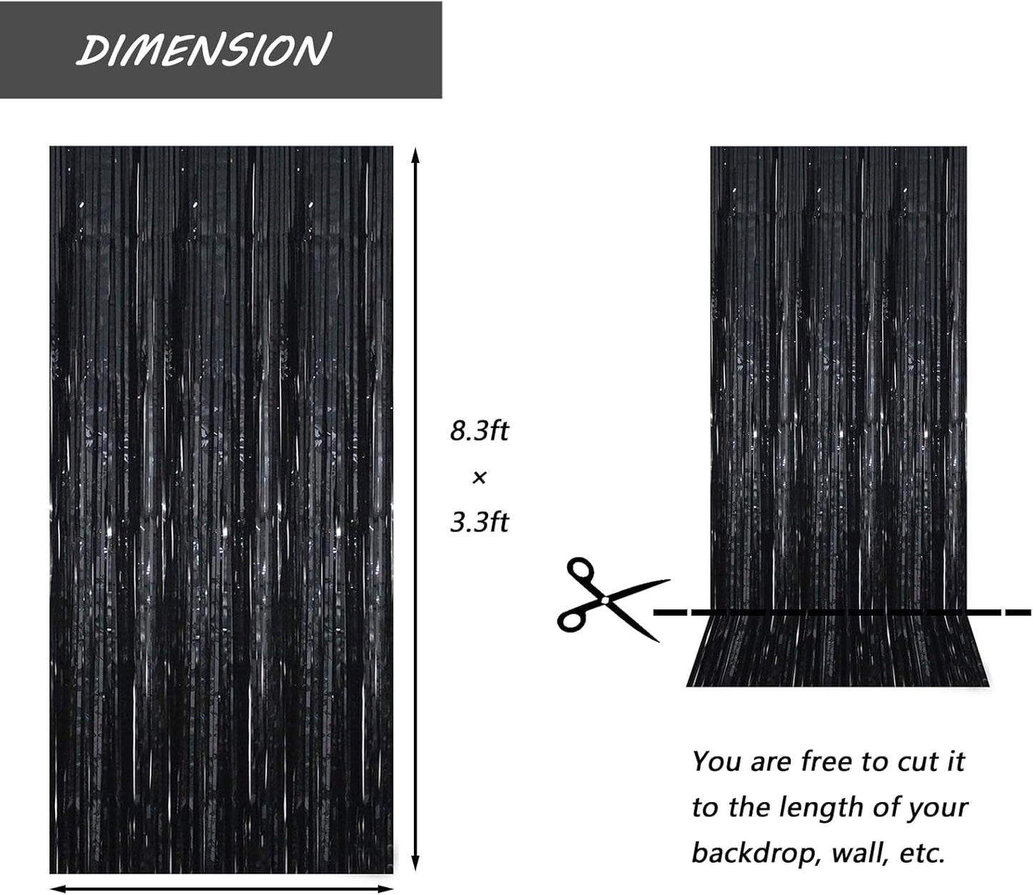 Black Foil Fringe Curtain 3.3×8.3FT 6 Packs, Metallic Tinsel Curtains Party Streamers for Birthday Graduation Baby Shower Decoration (6pcs,3.3FT×8.3FT, Black)