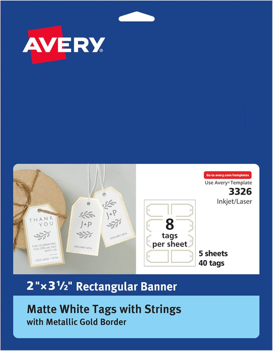 Avery Tags with Metallic Gold Borders and Strings, 2" x 3.5", 40 Total, Laser/Inkjet Printable Tags (3326)