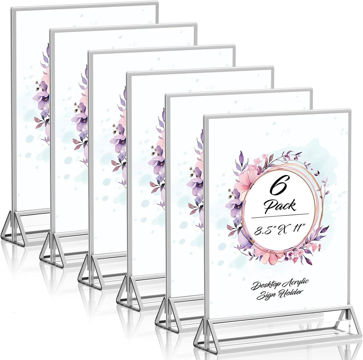 Clear Acrylic Sign Holder 8.5X11 with Silver Borders Display Stand, Double Sided Acrylic Picture Frames Plastic Sign Holder for Wedding Table Numbers Menu Holder (6 Pack)