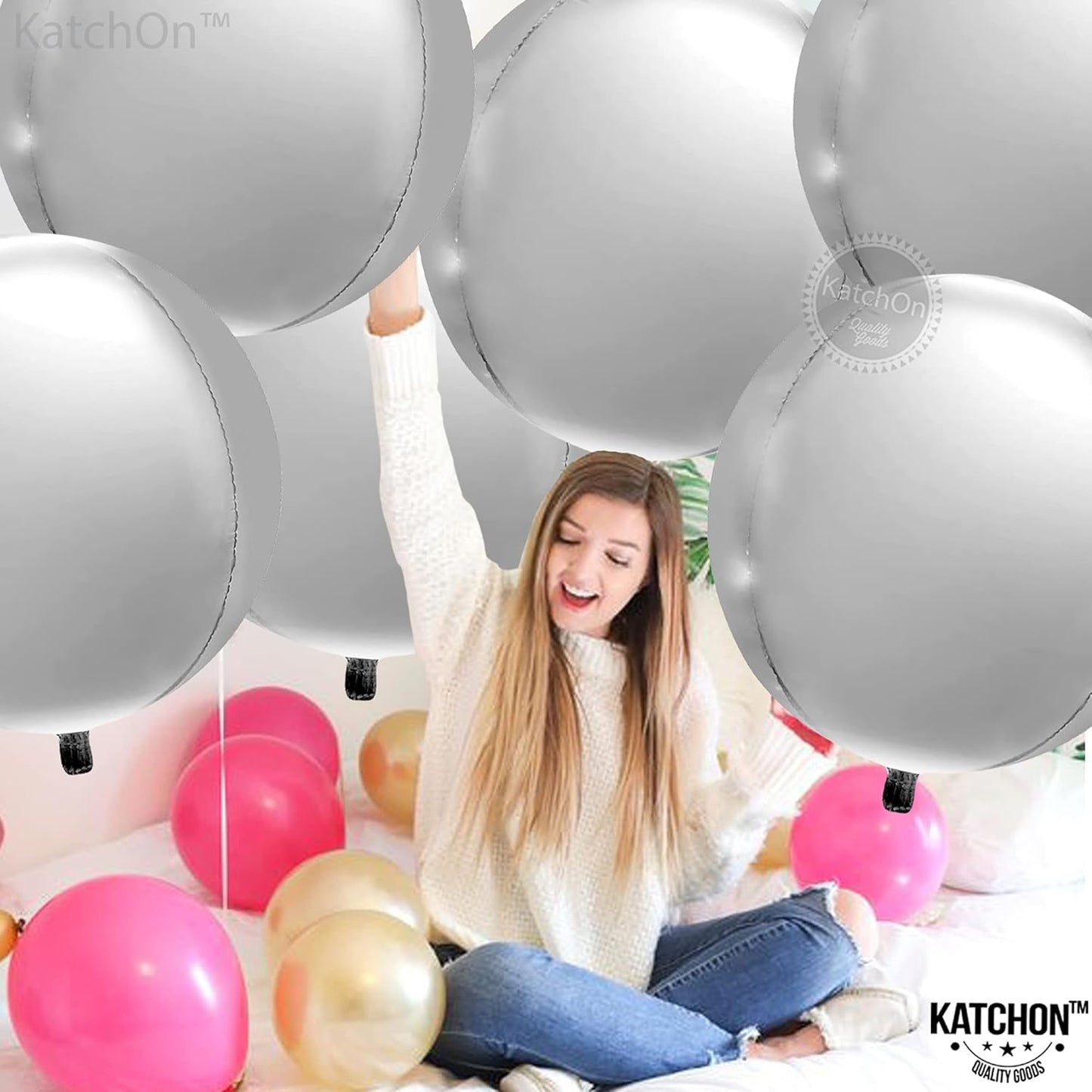 KatchOn Large Silver Balloons - 22 Inch, Pack of 6 | 4D Round Mylar Balloons for Birthday Decorations