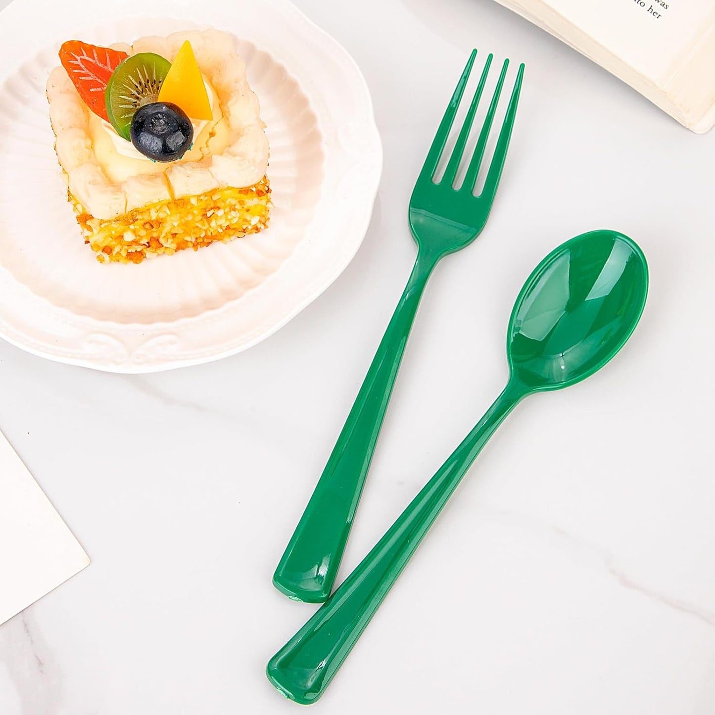 Heavy Duty Christmas Silverware - WDF 160 Pcs, Green Plastic Includes 80 Forks, 40 Spoons, 40 Knives; Perfect for Parties or Daily Use