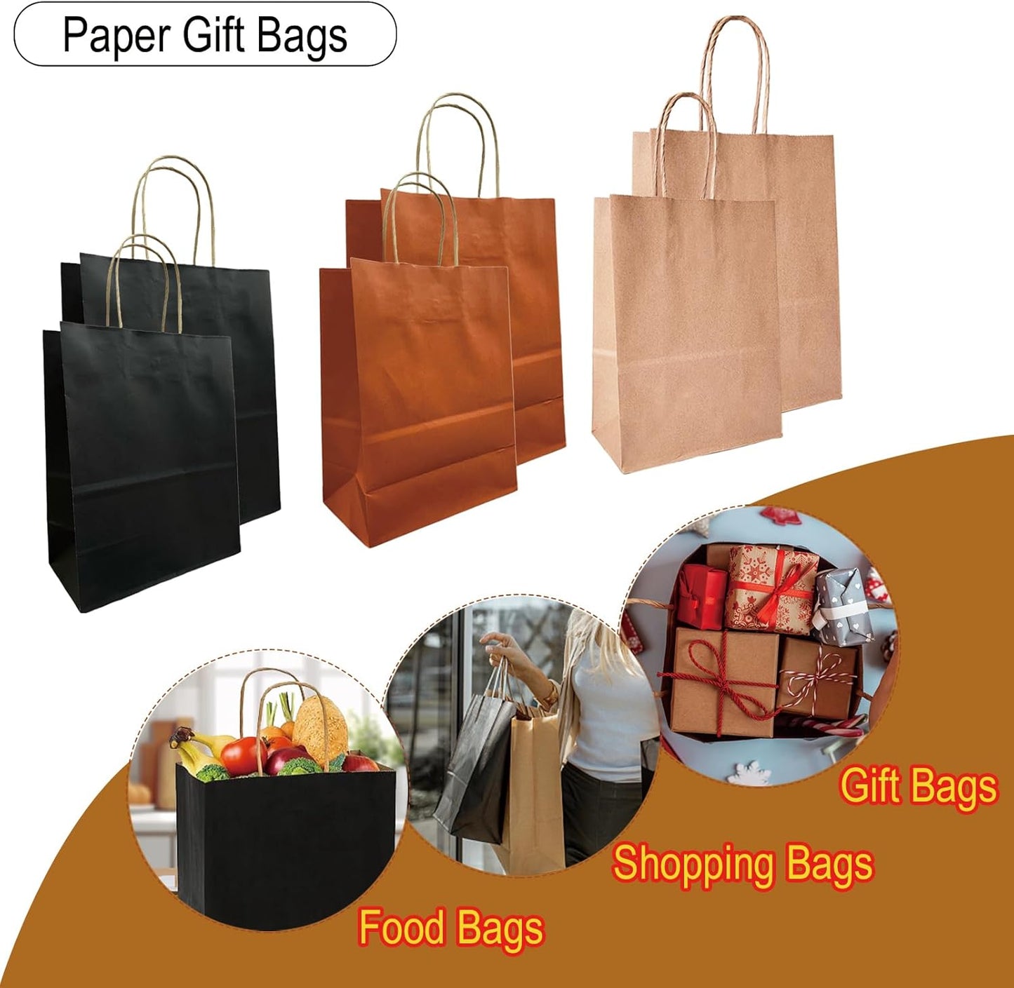 100 Pack Medium 5.9x3.1x8.25Inch Black Kraft Paper Gift Bags with Handles for Bulk Shopping, Retail, Craft, Party Favors, Wedding, Grocery & Sacks