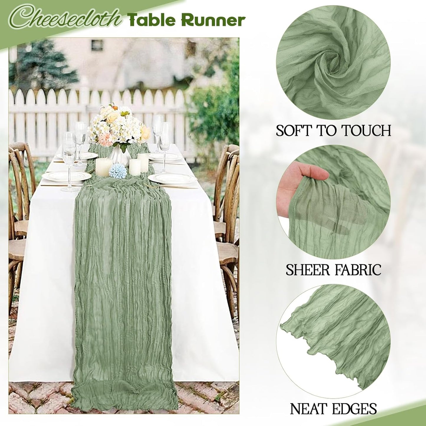 Aktor 12 Pack Sage Green Table Runner Boho Cheesecloth Table Runner Semi Sheer Gauze Fabric Runners for Wedding Birthday Baby Shower Party Boho Table Decoration（Sage Green）