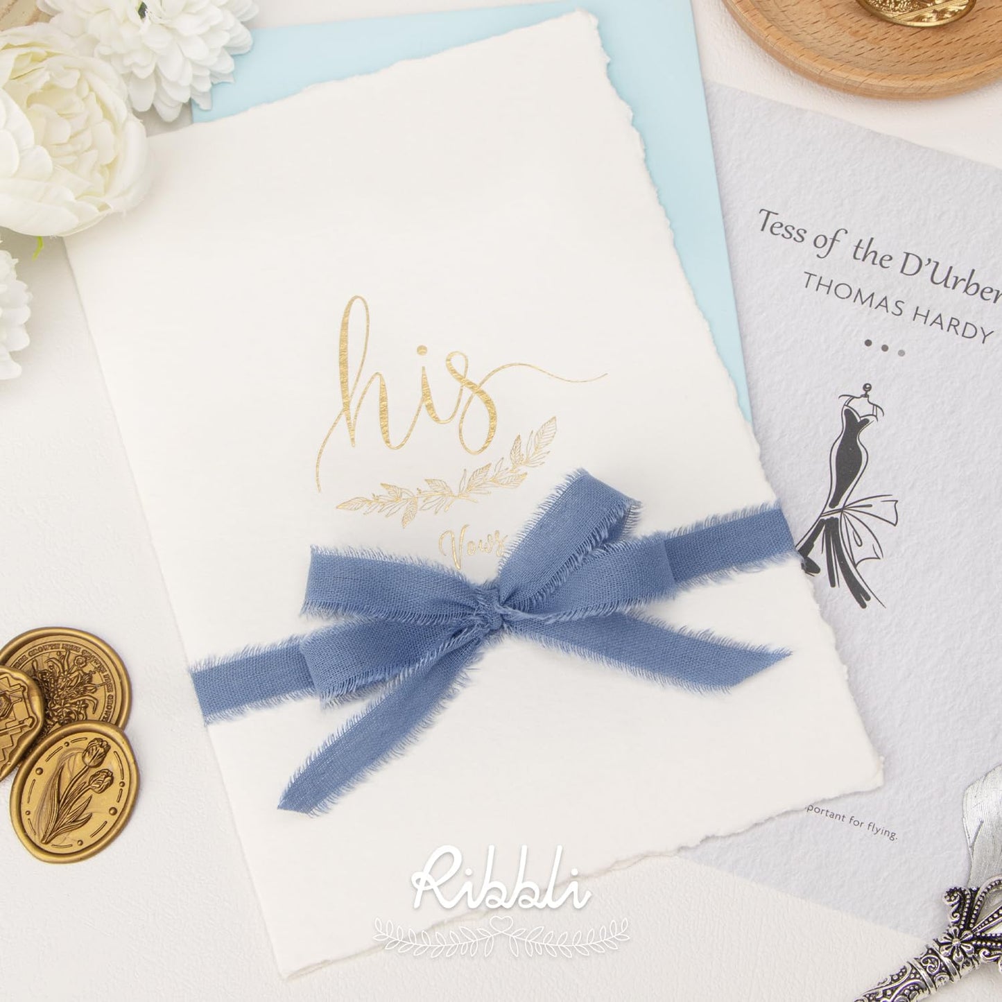 Ribbli 3 Rolls Dusty Blue Ribbon 5/8 Inch x 18Yards Handmade Cotton Frayed Fringe Ribbons for Gift Wrapping Wedding Invites Bridal Bouquets Baby Shower DIY Crafts Home Decor