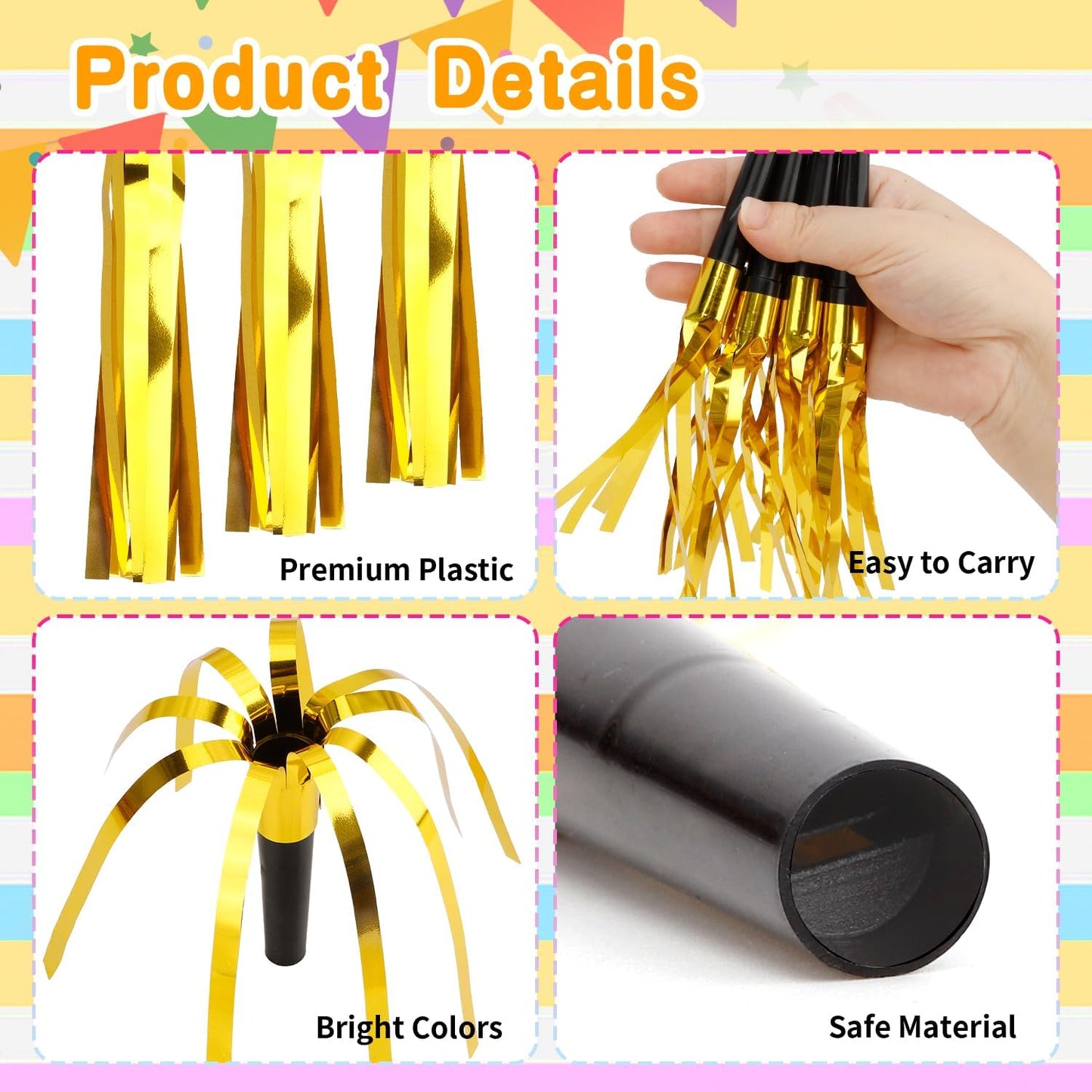 Noise Makers, 24 PCS Gold Noise Makers, Glitter Metallic Fringed Party Blowers Noisemakers Horns for Adults for Birthday Sporting Events Christmas 2025 New Year Eve Party Favor Supplies Decorations