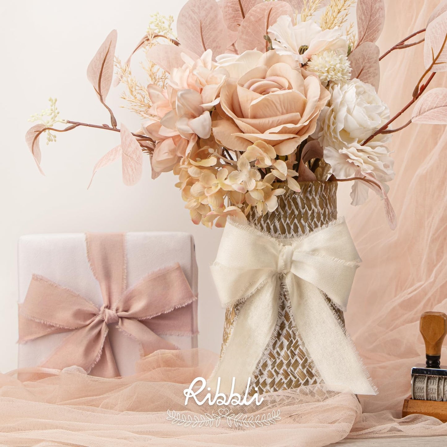 Ribbli 3 Rolls Pink Ribbon 1.5 Inch x 18Yards Ivory Blush Dusty Pink Handmade Cotton Frayed Fringe Ribbons for Gift Wrapping Wedding Invites Bridal Bouquets Baby Shower DIY Crafts Home Decor