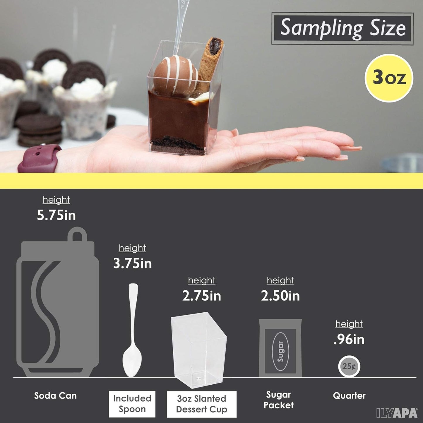 Ilyapa 3oz Plastic Dessert Cups - 100 Pack Mini Dessert Cups with Spoons - Small Clear Reusable for Cheesecake Shooters, Chocolate Mousse, Parfait - Party and Catering Supplies - Slanted