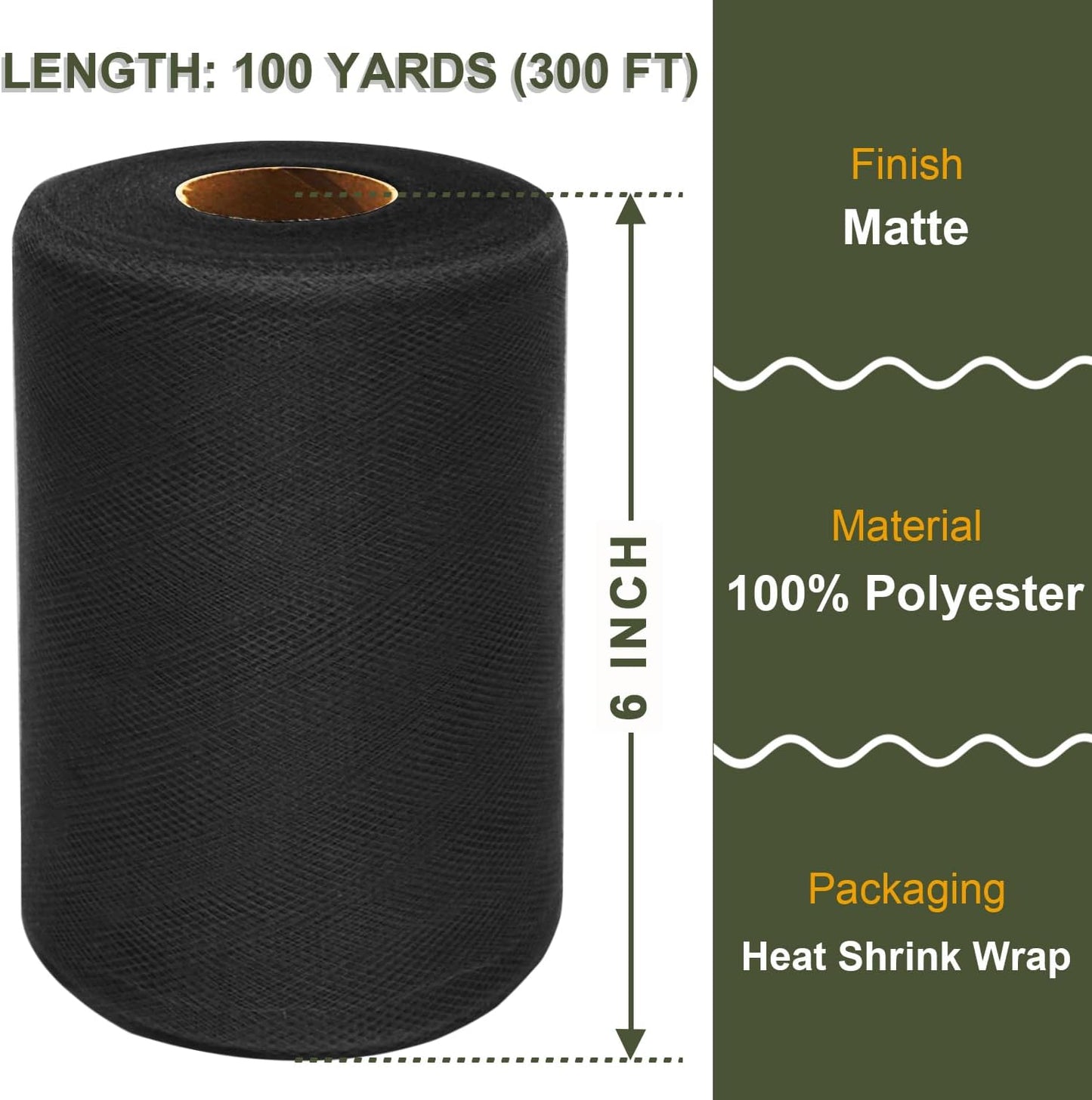 Black Tulle Fabric Roll 6 Inch X 300 FT (100 Yards) Matte Tulle Ribbon Netting Mesh Spool for DIY Tutu Skirt Wedding Bow Gift Wrapping Baby Shower Christmas Party Halloween Decorations