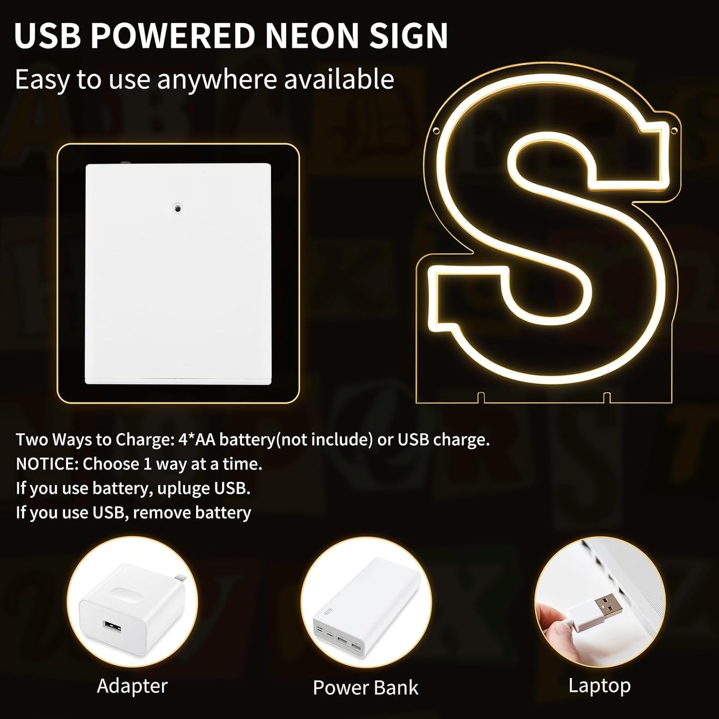 Light Up Letters S, Led Marquee Letter Lights Neon Sign, 13.9" Height Decorative Lighted Alphabet Number, Battery/USB Powered Led Letters Lights for Wedding, Birthday, Party, Christmas or Home Decor