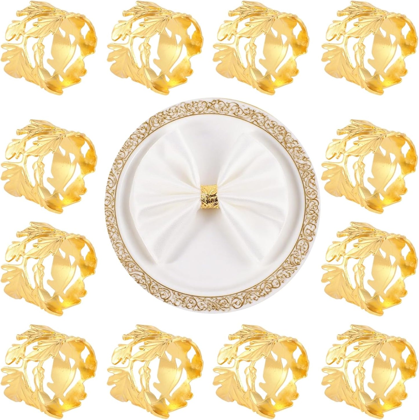 Gold Leaf Napkin Rings Set of 12, Mgrlfbl Golden Leaves Fall Napkins Rings Alloy Holders Bulk for Thanksgiving Weddings Christmas Table Setting Decor,Holiday Dinner,Birthday Party Decoration(Round 12)