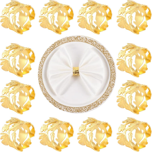 Gold Leaf Napkin Rings Set of 12, Mgrlfbl Golden Leaves Fall Napkins Rings Alloy Holders Bulk for Thanksgiving Weddings Christmas Table Setting Decor,Holiday Dinner,Birthday Party Decoration(Round 12)
