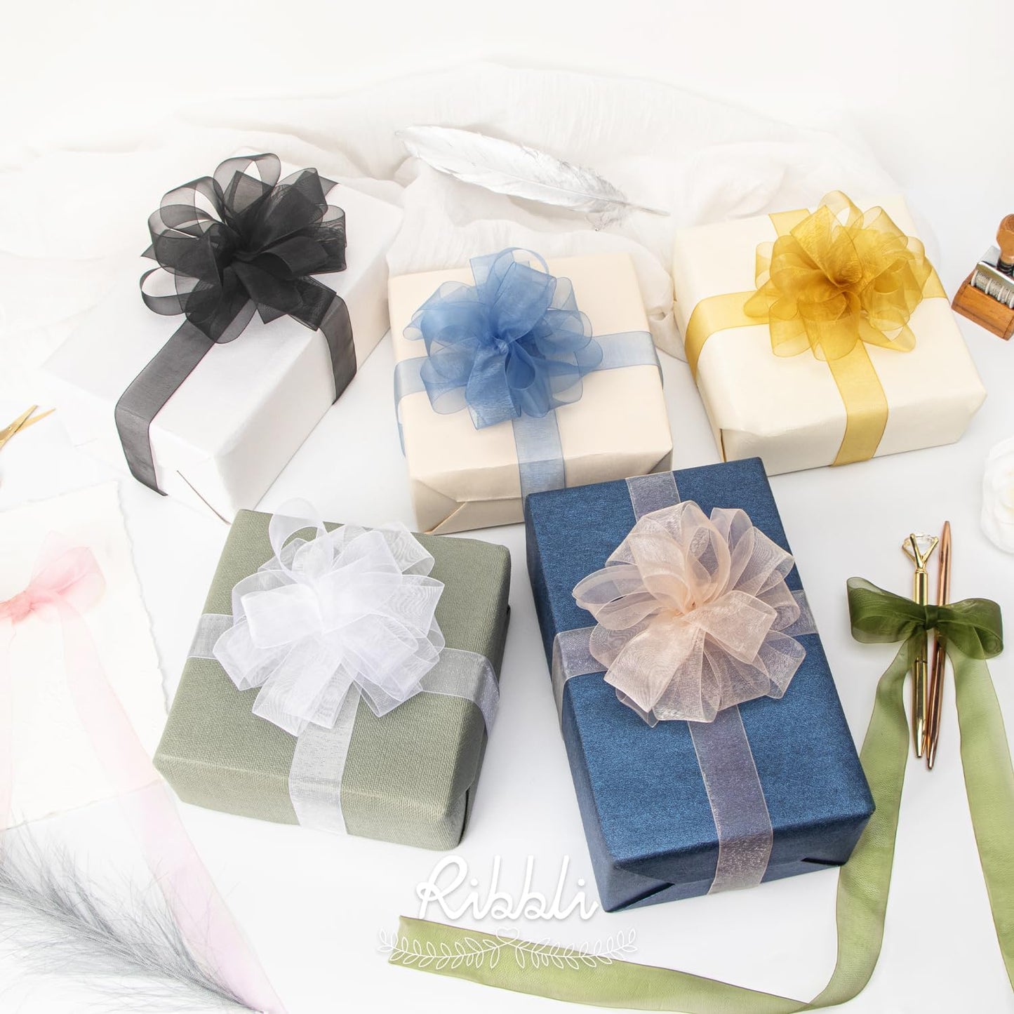 Ribbli 8 Rolls Organza Ribbon 1 Inches Total 80 Yard White Ivory Champagne Gold Rose Gold Dusty Blue Moss Black Sheer Ribbon for Gift Wrapping,Cookie Wrapping,Easter,Wedding Decoration