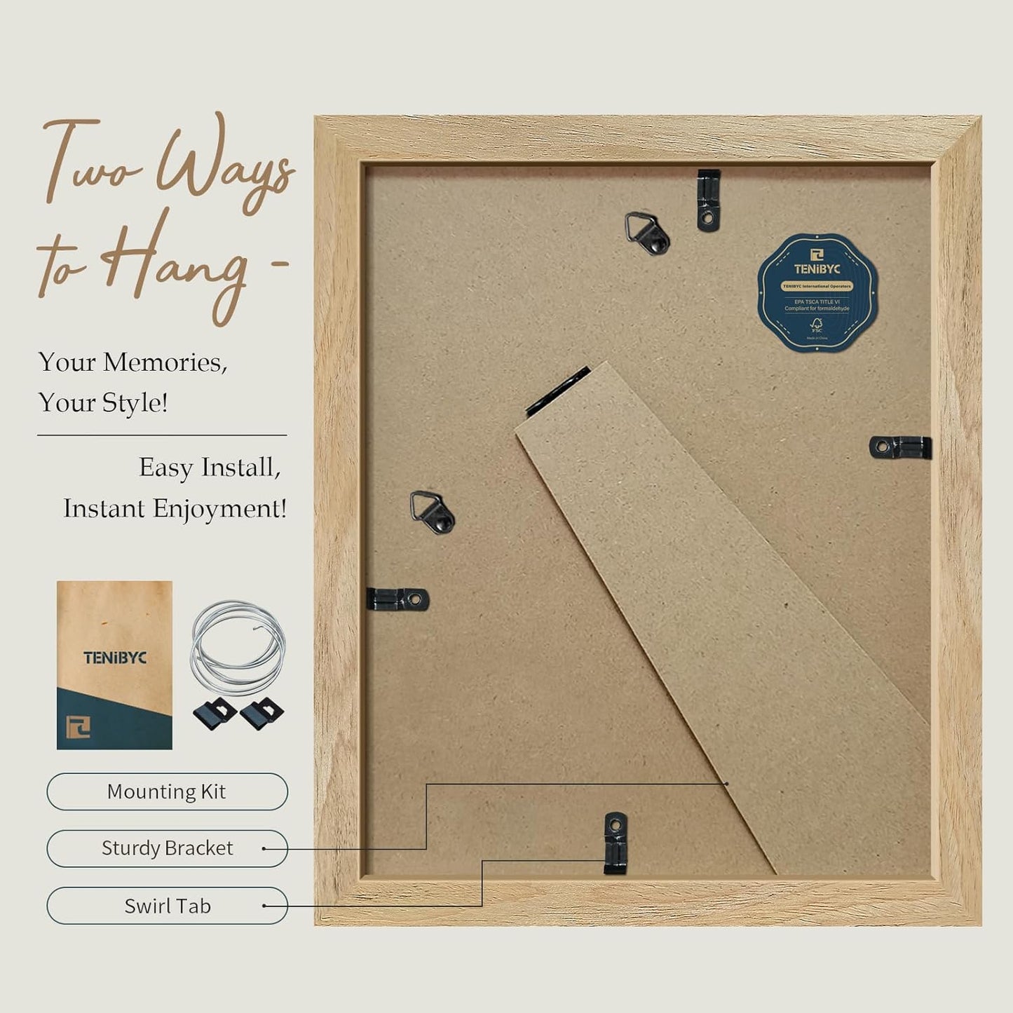 8x10 Picture Frame 4 Pack, Textured Natural Wood, HD Tempered Glass, Gallery Photo Frame, Table or Wall Display