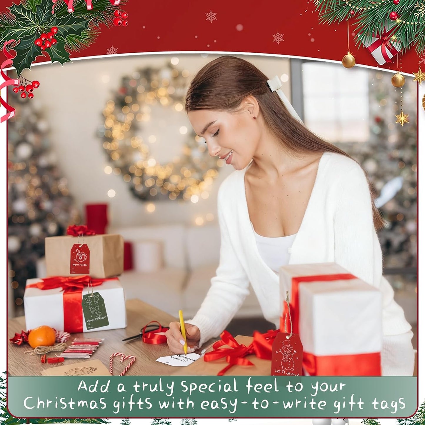 100PCS Christmas Gift Tags 10 Styles Merry Christmas Gift Tags with String Modern Kraft Name Tag for Present Wrapping Xmas Holiday Festive Party Favors