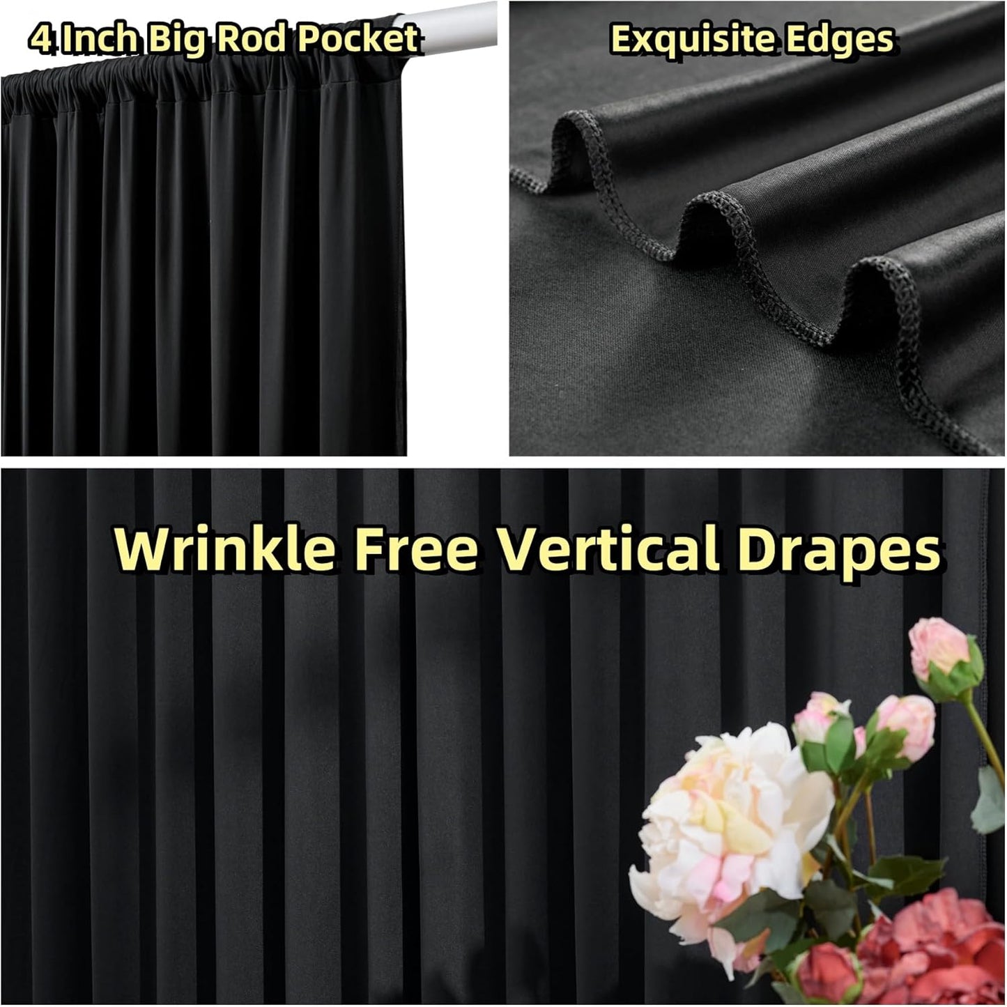 50 ft x 10 ft Wrinkle Free Black Backdrop Curtain for Parties, 10 Panels Polyester Black Photo Backdrop Drapes for Graduation Birthday Wedding Party Stage Curtains, Thick Bulk Background Curtains