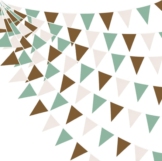 32Ft Sage Green Brown Party Decorations Retro Colored Triangle Flag Fabric Banner Pennant Bunting Garland Streamers for Birthday Wedding Baby Shower Jungle Safari Summer Christmas Outdoor Party Decor