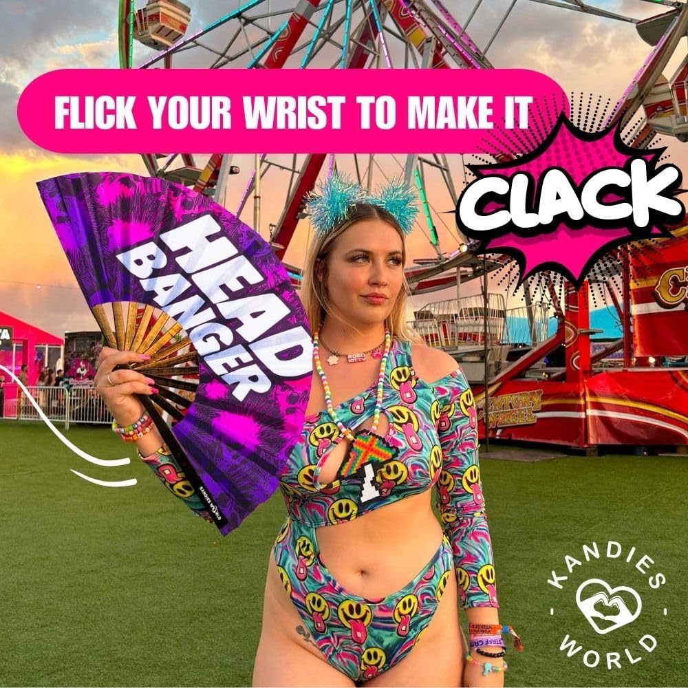 Kandies World Custom Festival Folding Hand Fan - Unique Designs, Made of Bamboo, Clacking Sound, Lightweight - Perfect Rave and Festival Accessory!