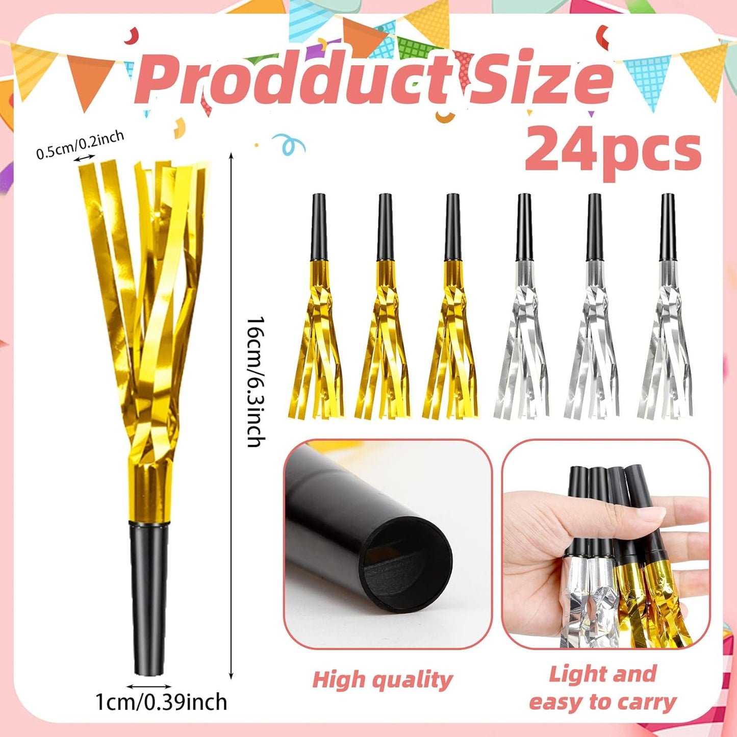 Party Blowers, 24 PCS New Years Noise Makers, Gold Silver Glitter Metallic Fringed Party Blowouts, Blow Horns Whistles for Kids Birthday Graduations Christmas Weddings Family Sporting Events Supplies