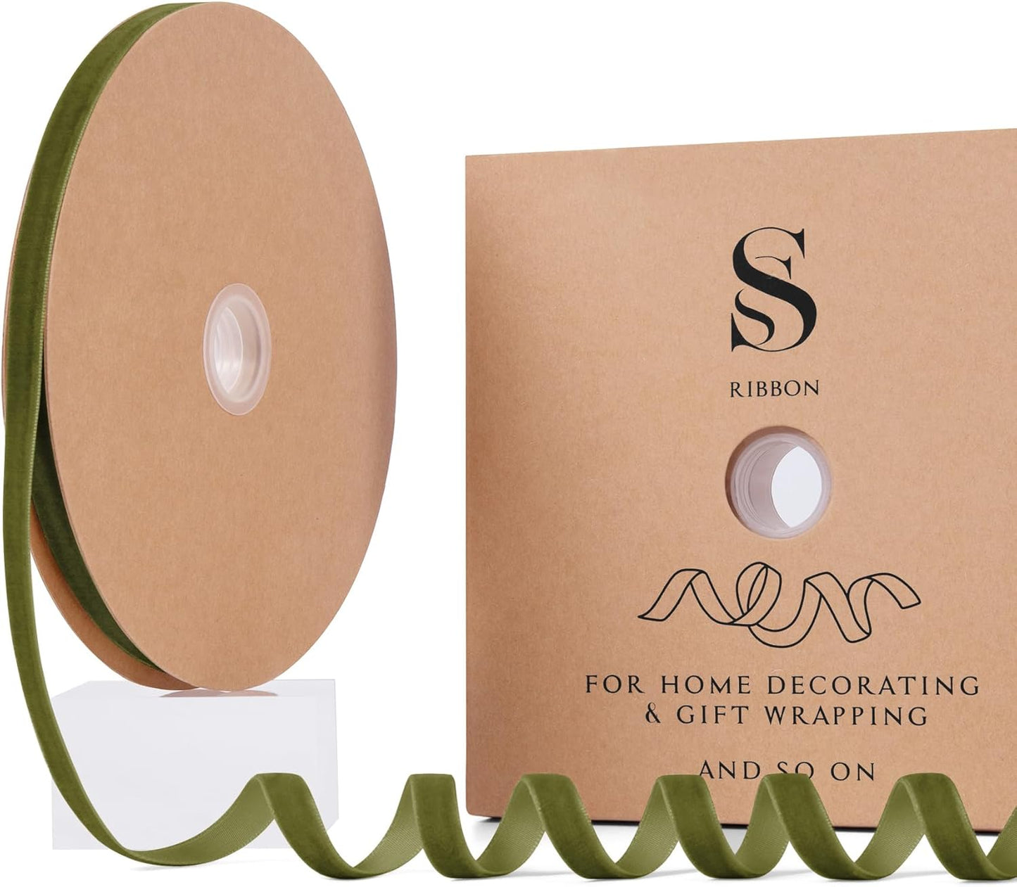 Olive Green Christmas Velvet Ribbon for Tree, Gift Wrapping, Flower Bouquet, Wreath Decorations, Bow Making 3/8'', 25 Yards