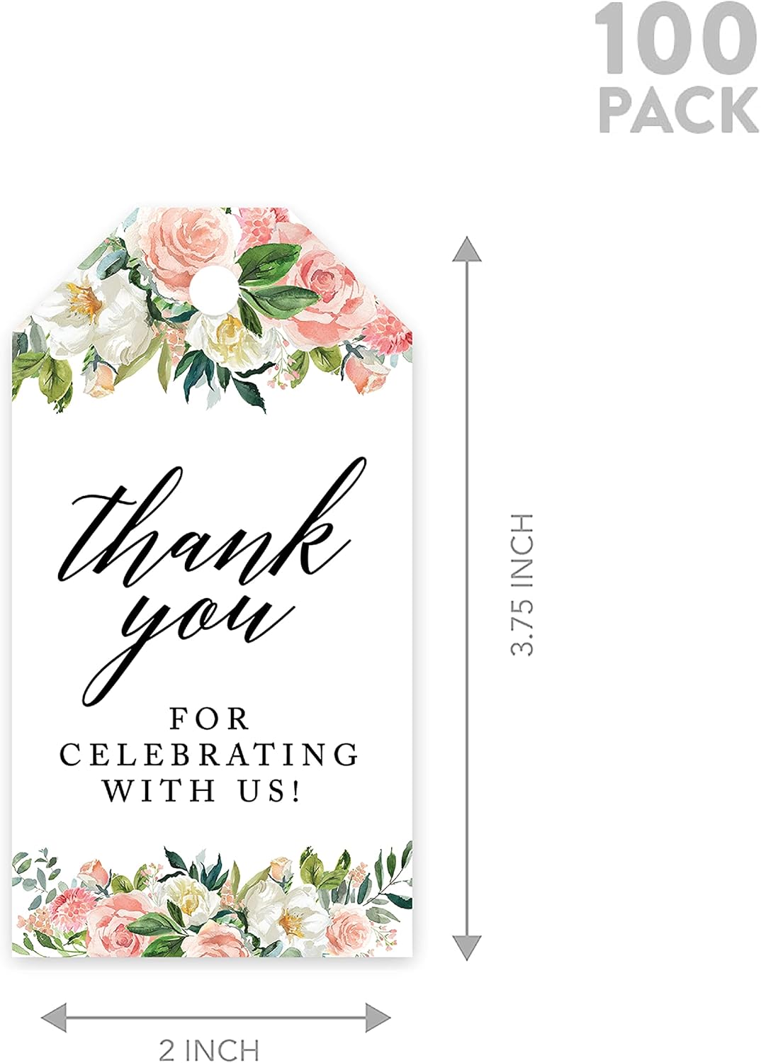 Andaz Press 100-Pack Thank You for Celebrating with Us Favor Tags Peach Coral Floral Garden Cardstock Gift Tags with Bakers Twine for Wedding Baby Shower Bridal Shower Party Favors 2 x 3.75-Inches