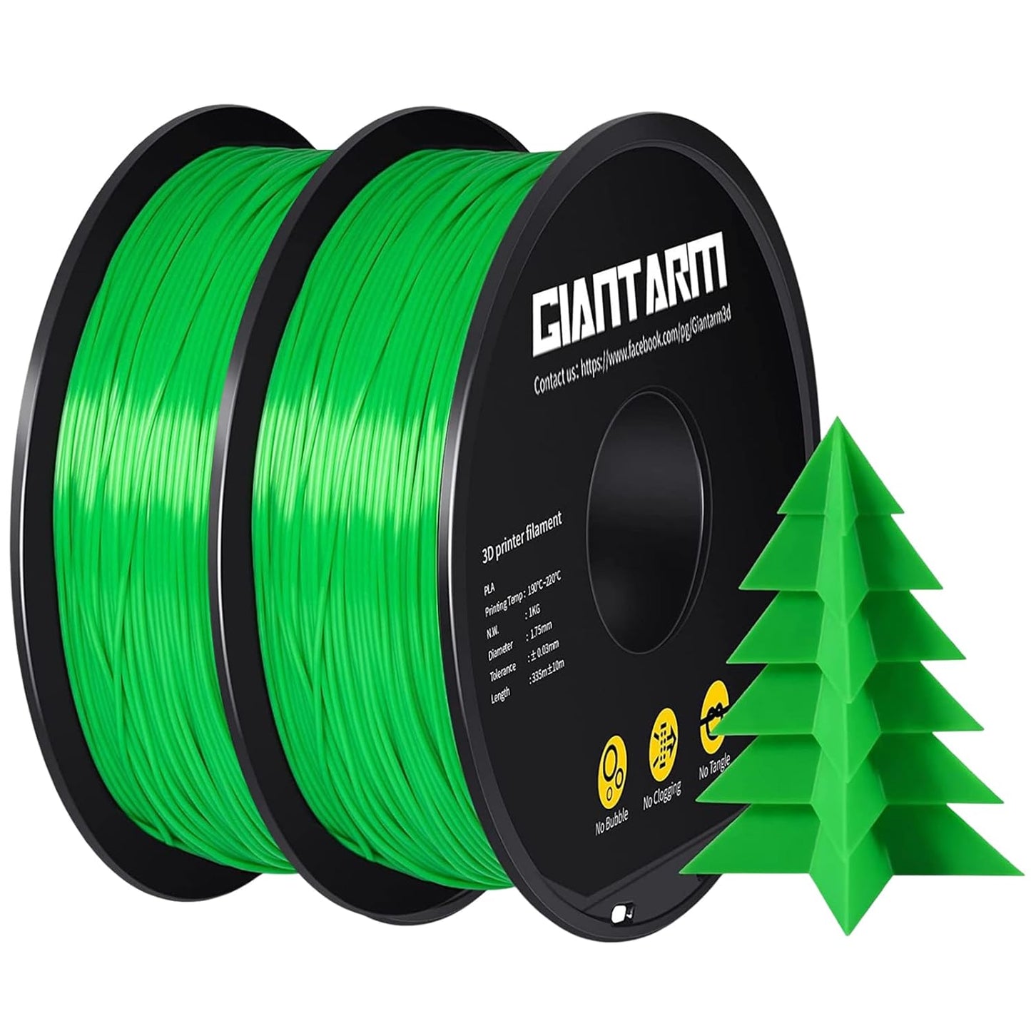 GIANTARM PLA Filament 2KG,Green 3D Printer Filament 1.75mm,Neatly Wound Green PLA 2pcs 1kg Spool (2.2lbs),Dimensional Accuracy +/- 0.02 mm,Fit Most FDM 3D Printers