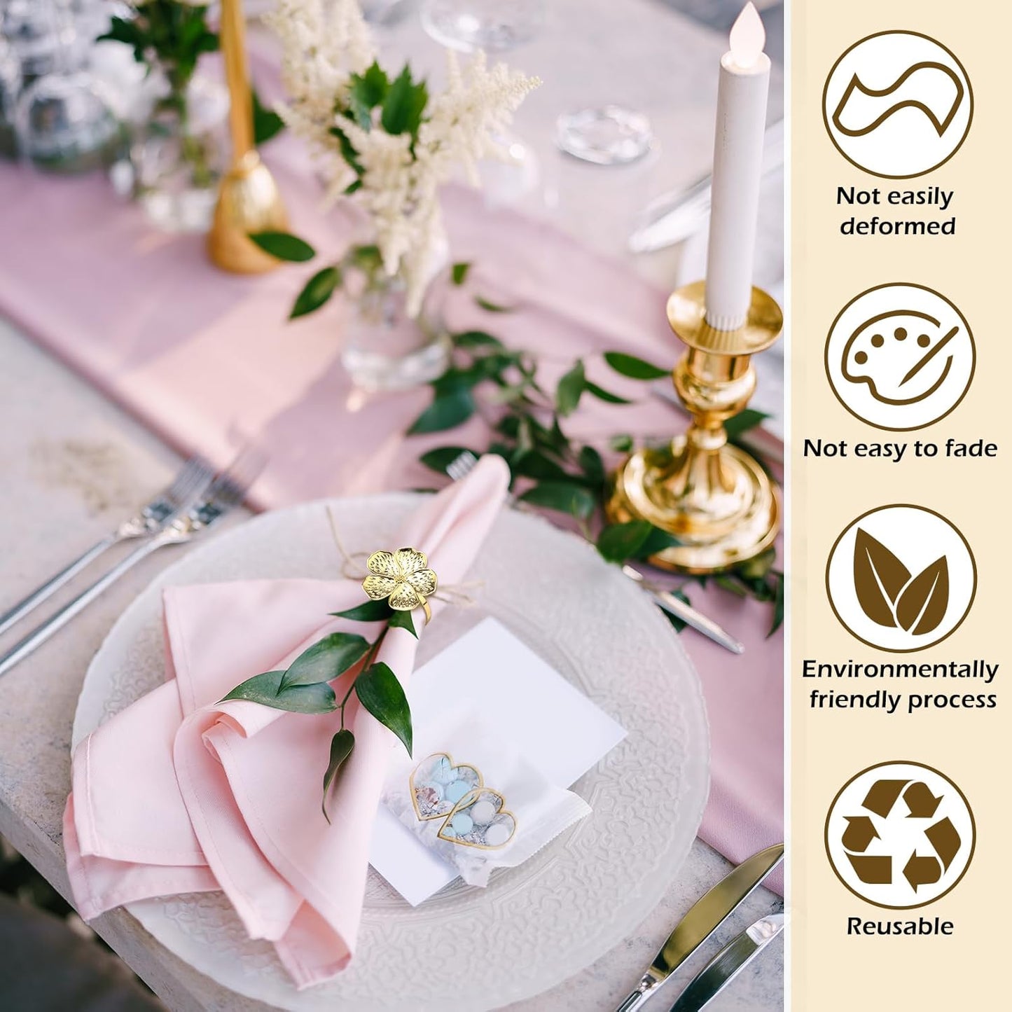 Bokon 50 Pcs Gold Napkin Rings Metal Napkin Holders Rings Bulk for Dining Anniversary Wedding Dinner Birthday Holiday Party Banquet Table Decoration (Flower)