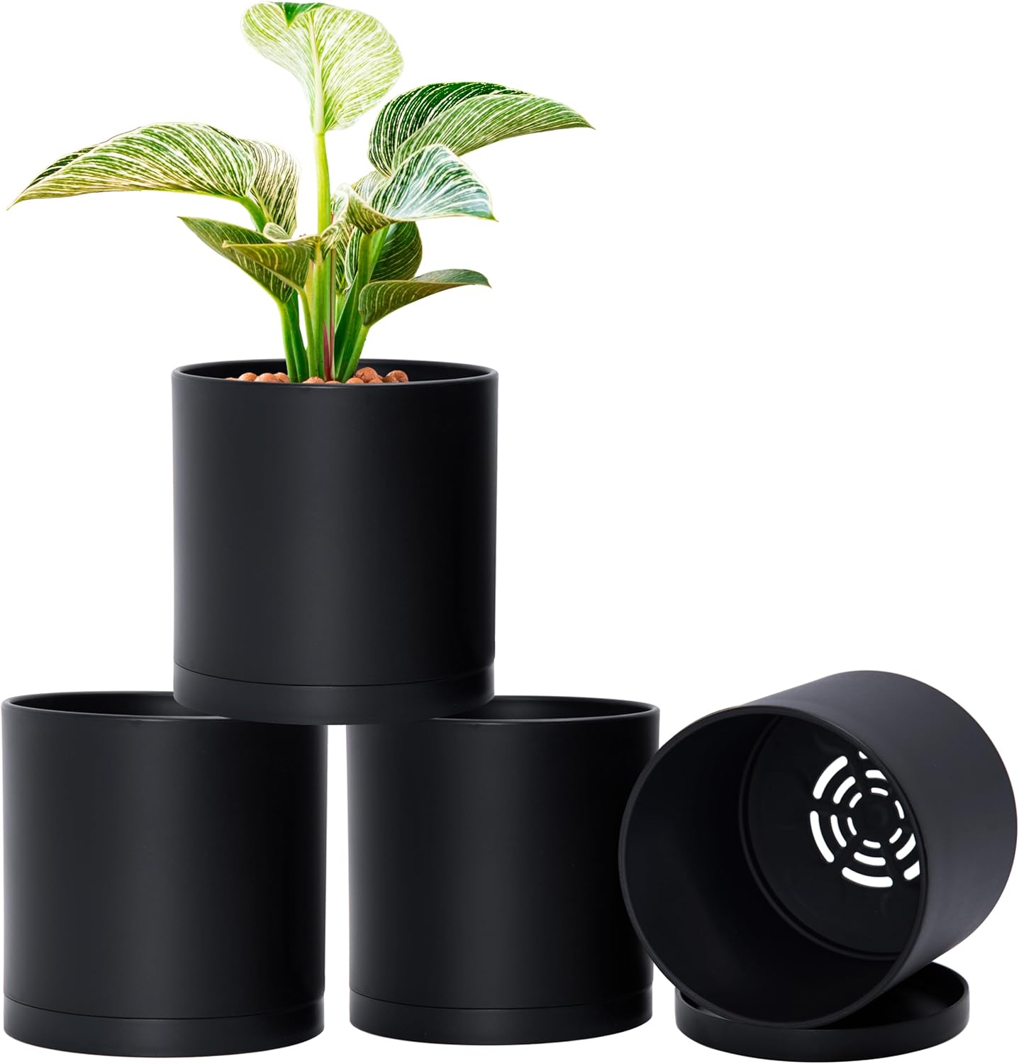 D'vine Dev 4 Pack 6 Inch Modern Plastic Plant Pots, Small Garden Planters for Plant with Drainage Holes and Saucers, Black Color, 74-Y-J-2