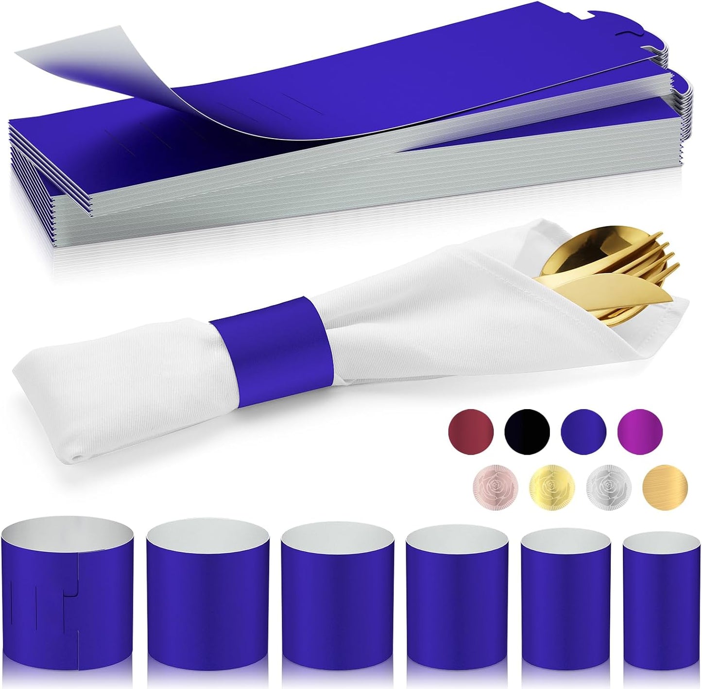 Polymer Material Reusable Napkin Band, Glue-Free Tear-Proof Water Resistant Oil-Proof Napkin Bands Set of 50(Front Blue Color and Back White), 6 Adjustable Sizes Napkin Rings