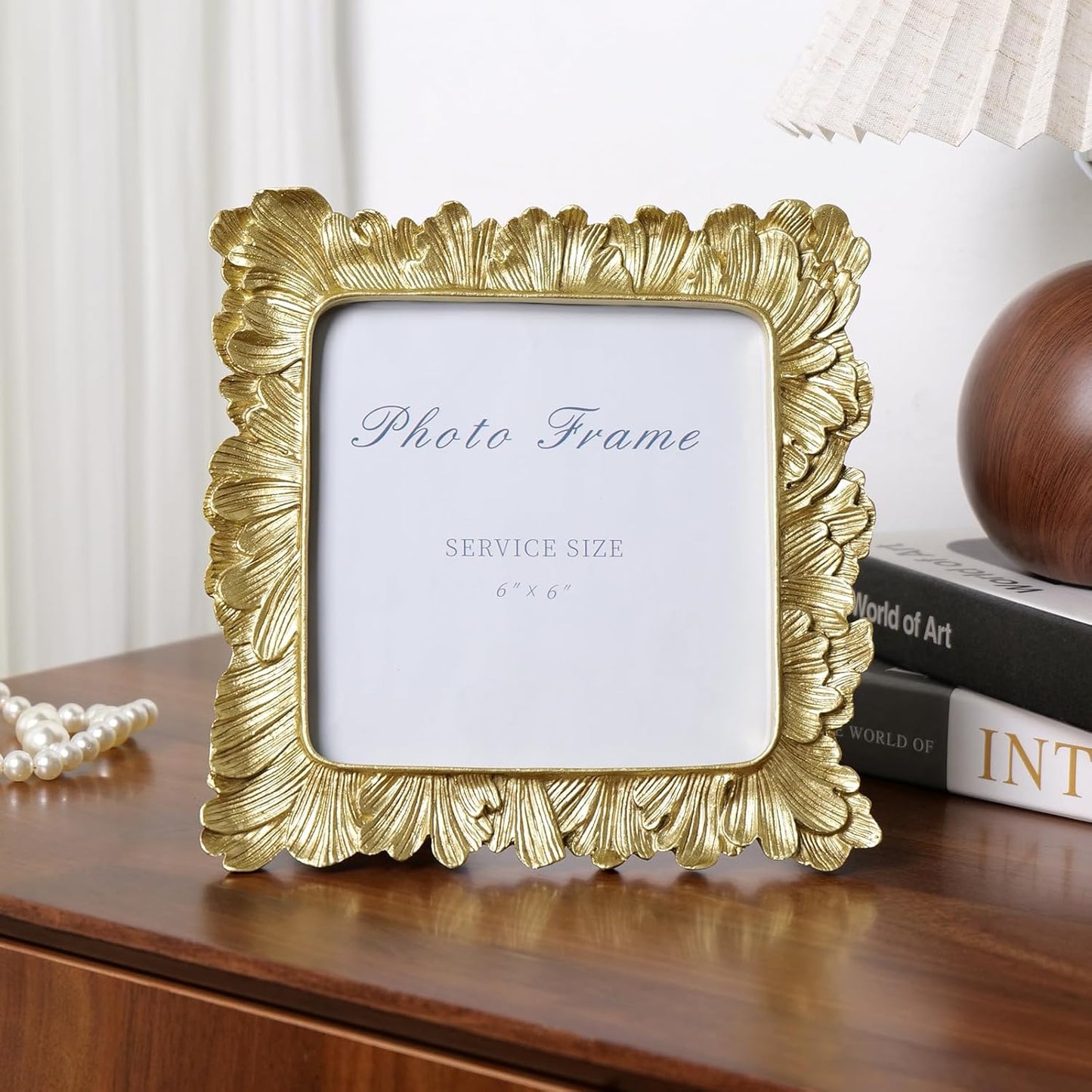 Cuspin 6x6 Gold Picture Frame, Vintage Gold Palm Leaves Textured Hand-Crafted Resin Frames with Glass Front, Retro Square Photo Frame for Wall and Tabletop Display Home Decor