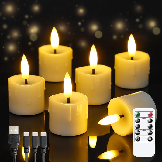 Rechargeable Flameless 1.6" x2.5" Tea Light Candles with Remote & Type-C Charging Cable, Timer LED Flickering Ivory Plastic 6pcs Mini Dripping Wax Votive Tealight Candles