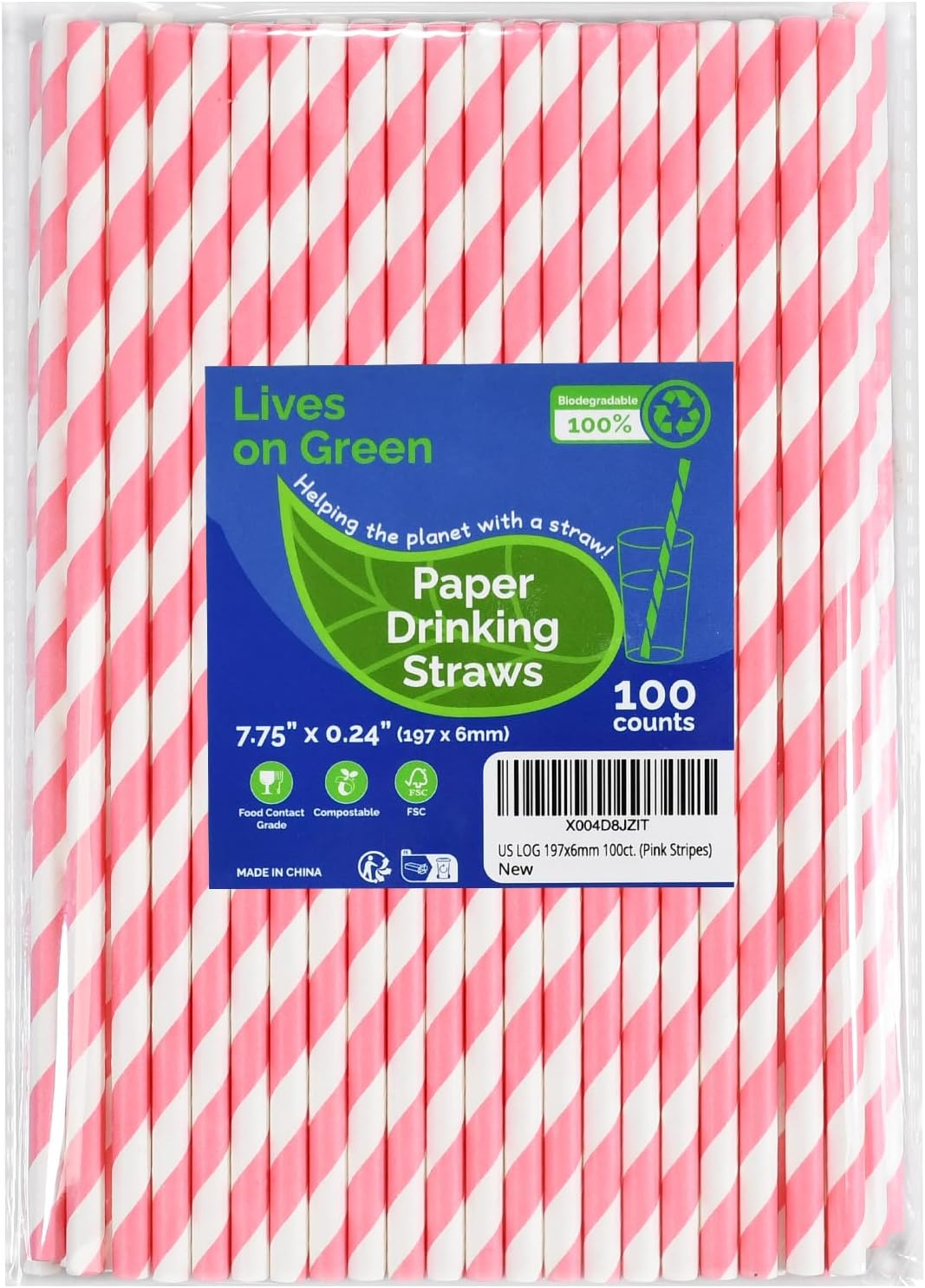 Pink White Striped Paper Drinking Straws 7.75 inch 100 Counts - for Cocktail, Party, Wedding, Baby Shower, Decoration, Crafts