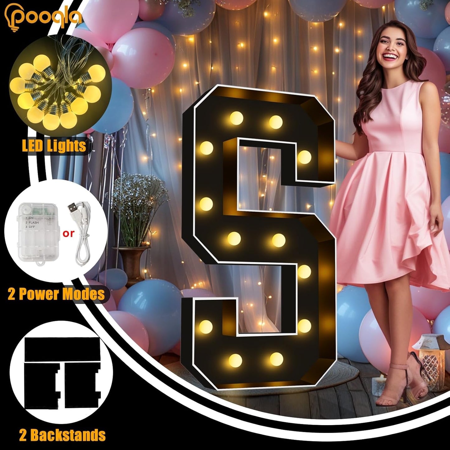 Pooqla 4 FT Marquee Light Up Letters, Black Giant LED Sign Marquee Letter Lights 4 Feet Tall, Big Mosaic Letters for Balloons Birthday Party Anniversary Wedding Decorations, Warm White B