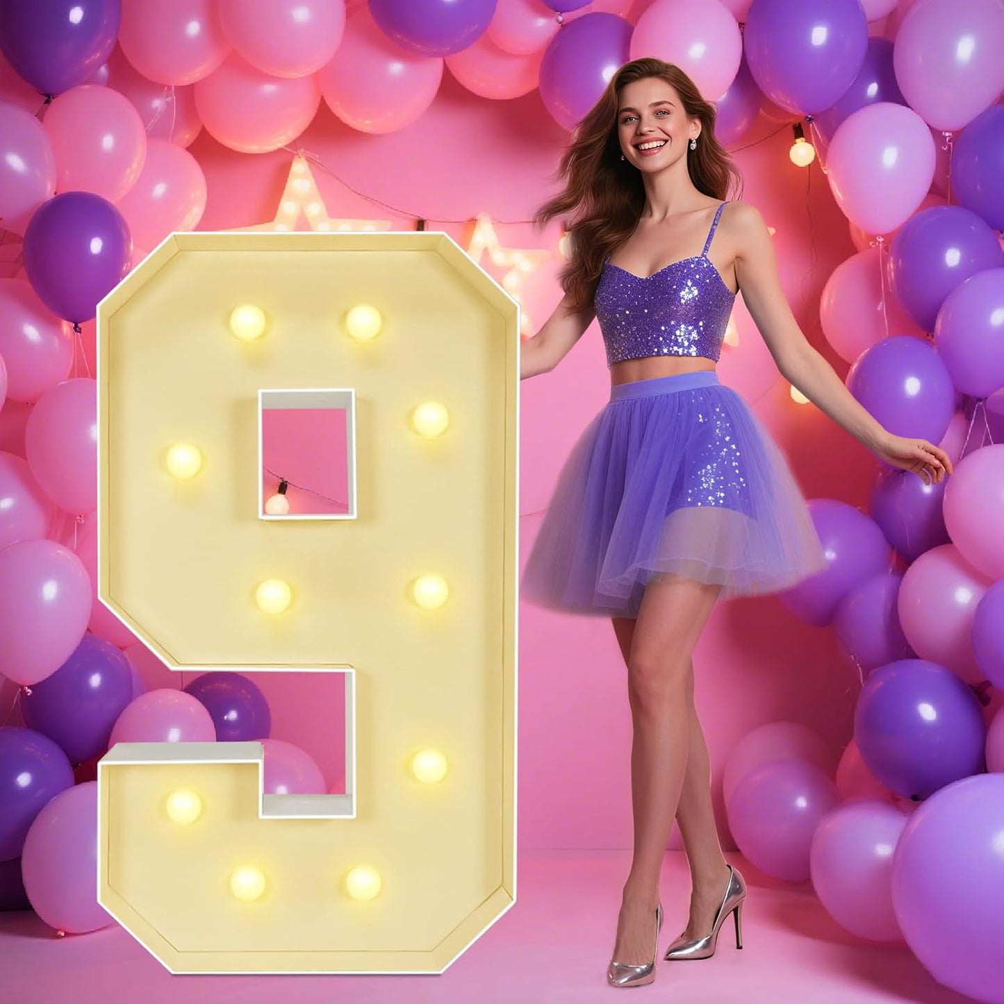 Marquee Light Up Numbers: 4FT Large Decorative Letters Signs for Party Decorations Baby Shower Birthday Wedding Engagement Anniversary, 4 Feet Tall Pre-Cut DIY Foamboard Number 9 - Easy to Assemble