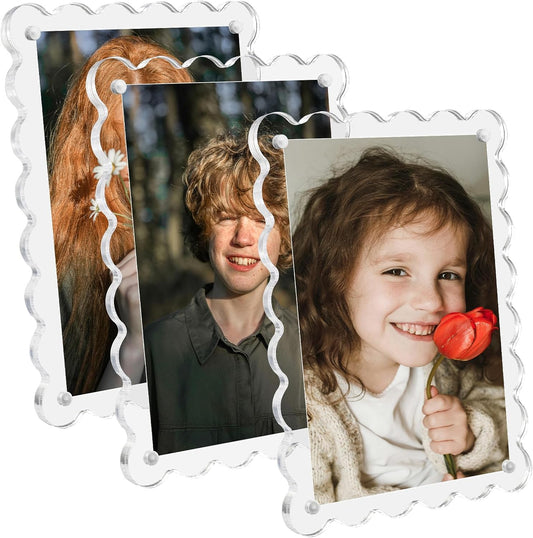 3 Pack Acrylic Picture Frames 4x6 Scalloped with Detachable Brackets, Vertical and Horizontal Tabletop Display, Clear Magnetic Photo Frames for Home/Family/Party/Wedding
