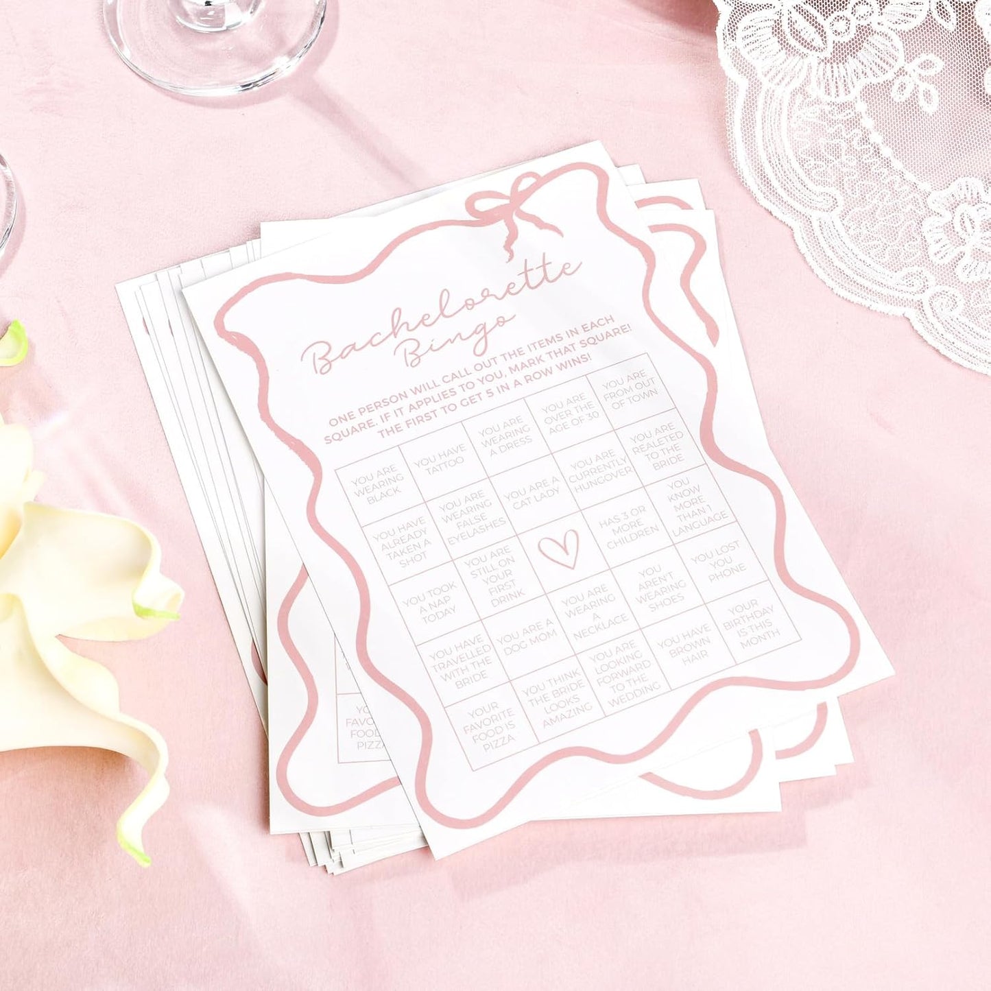 DEEKA 30 PCS Bridal Shower Games Card for 30 Guests White Pink Wavy Border Ribbon Bow Funny Wedding Bachelorette Party Games for Reception (Bachelorette Bingo)