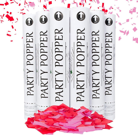 Clover Products 12" Biodegradable Confetti Cannons | 6 Pack | Red & Pink Poppers for Weddings, Birthdays & Events | Air-Powered, Safe & Easy to Use | Shoots 25 Feet for Indoor & Outdoor Celebrations