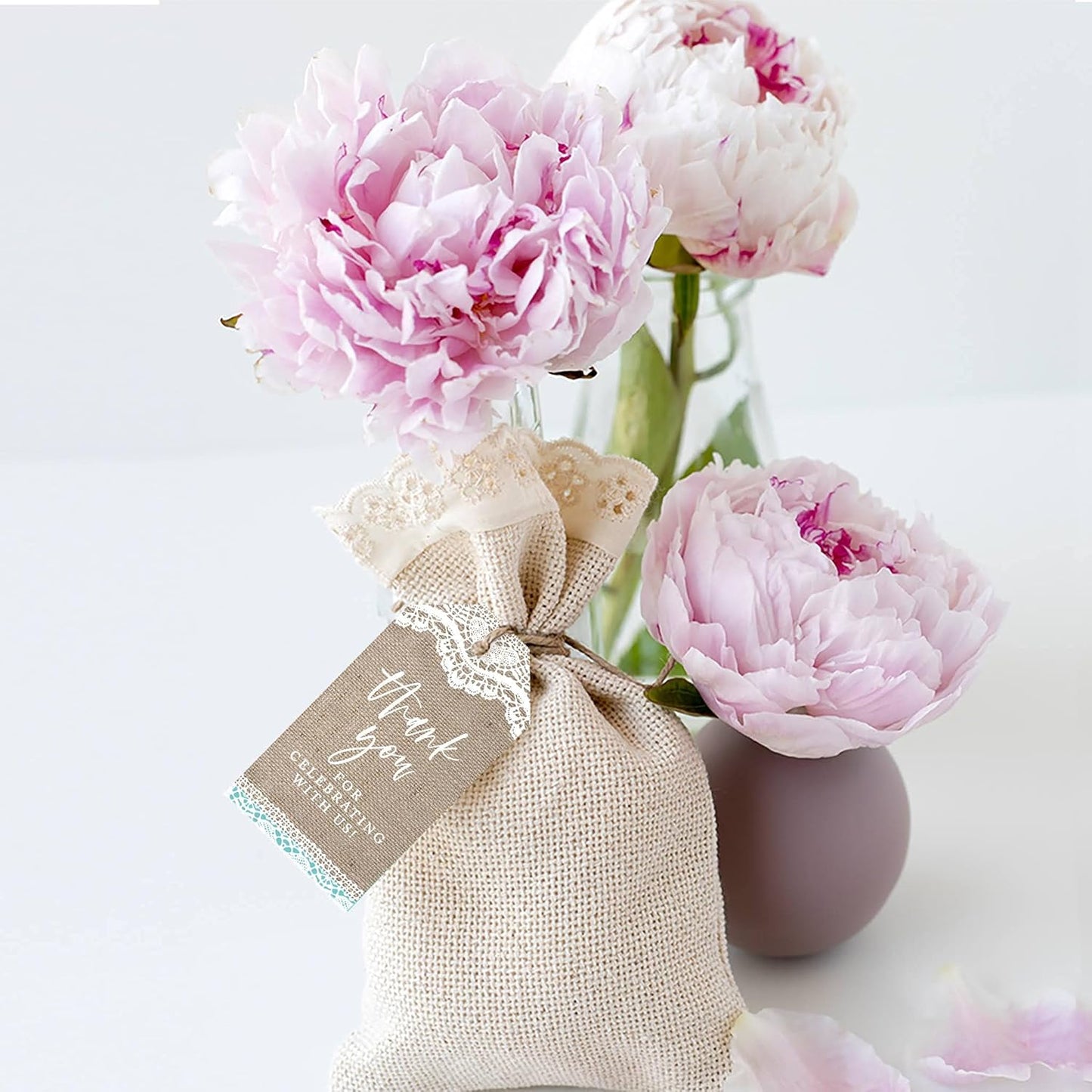 Andaz Press 100-Pack Thank You for Celebrating with Us Favor Tags Burlap Lace Cardstock Gift Tags with Bakers Twine for Wedding Baby Shower Bridal Shower Birthday Party Favors 2 x 3.75-Inches