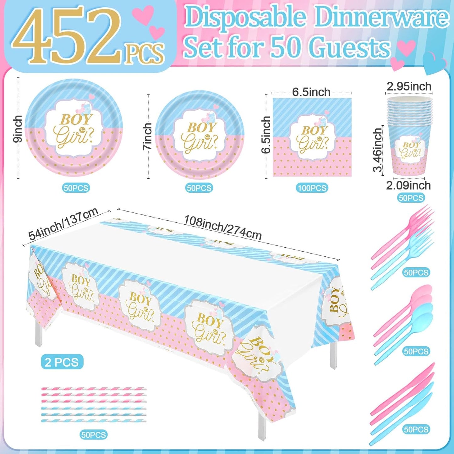 452 Pcs Gender Reveal Party Decorations Include Boy or Girl Paper Plates Napkins Cups Tablecloth Cutlery Straws Blue and Pink Gender Reveal Party Tableware for Baby Shower Decorations