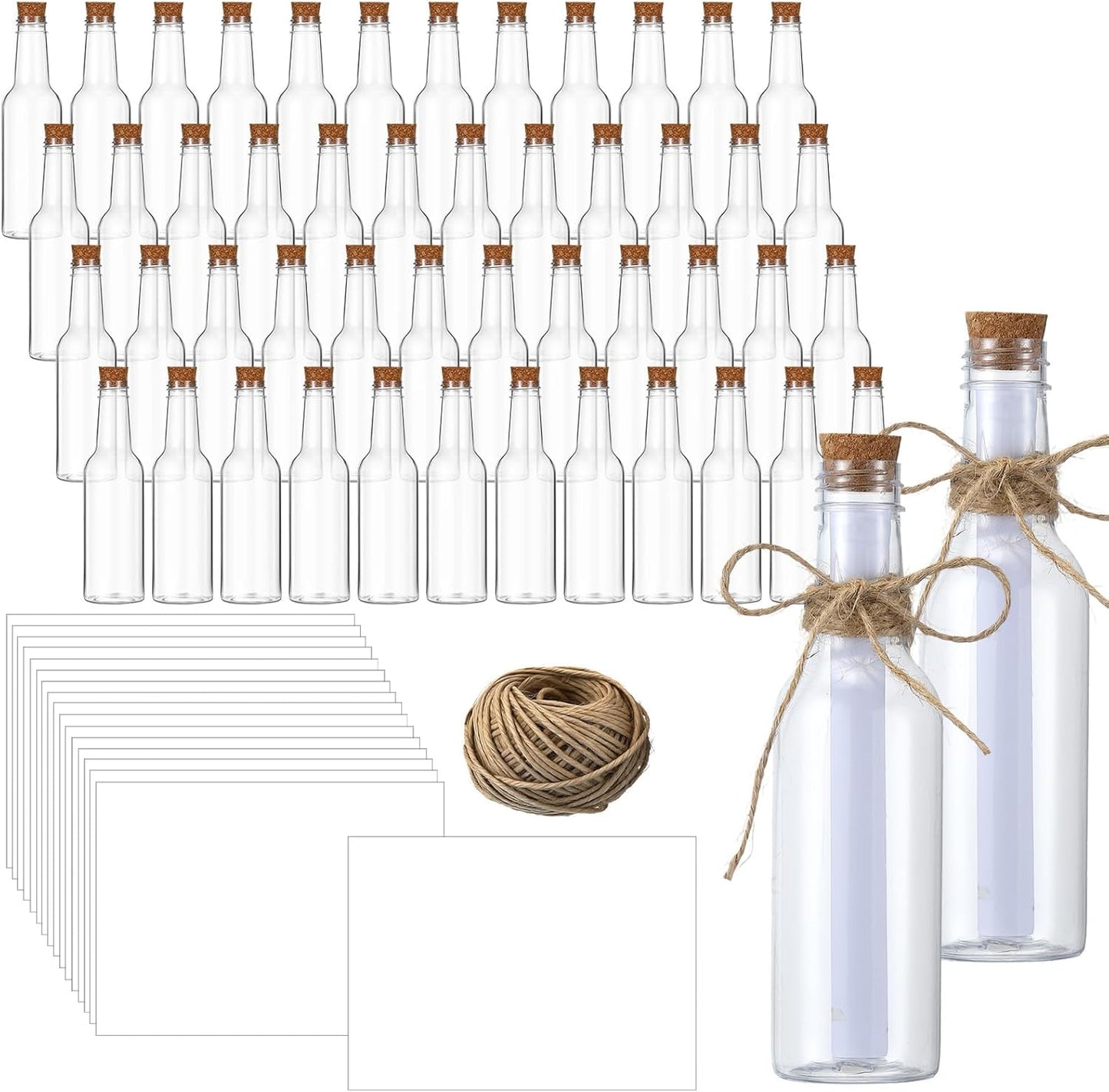 Baderke 48 Pcs 5.6 oz Message Bottles with Letter Printer Paper Plastic Bottles & Corks Twines for Message Invitations Birthday Wedding Baby Shower DIY Crafts Gift Party Favors (White)