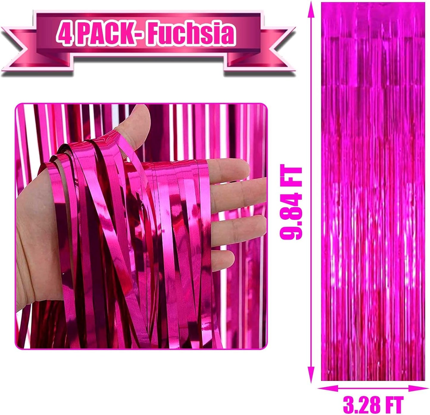 Pack Fuchsia Foil Fringe Curtain Backdrop, 3.28Ft x 9.84Ft Metallic Tinsel Foil Fringe Streamers Curtains Party, Photo Booth Props, Birthday, 2022 Graduation Decoration Supplies