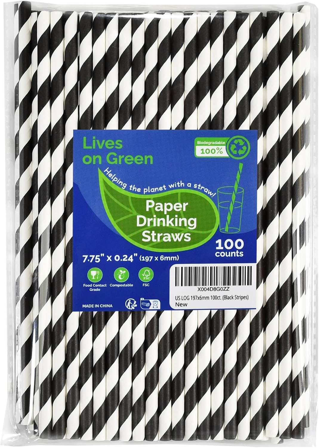 Black White Striped Biodegradable Paper Drinking Straws Unwrapped 7.75 inch 100 Counts - for Cocktail, Juice, Decoration, Crafts