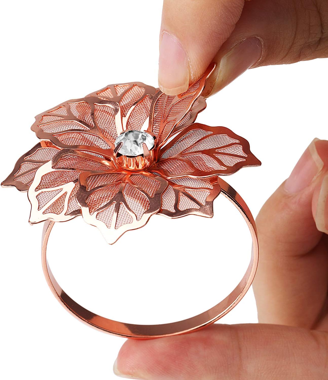 KPOSIYA Flower Napkin Rings Holder Metal Rose Gold Napkin Rings Set of 6 for Wedding Party Holiday Banquet Christmas Dinner Delicate Serviette Buckles Decor Favor (6, Rose Gold)