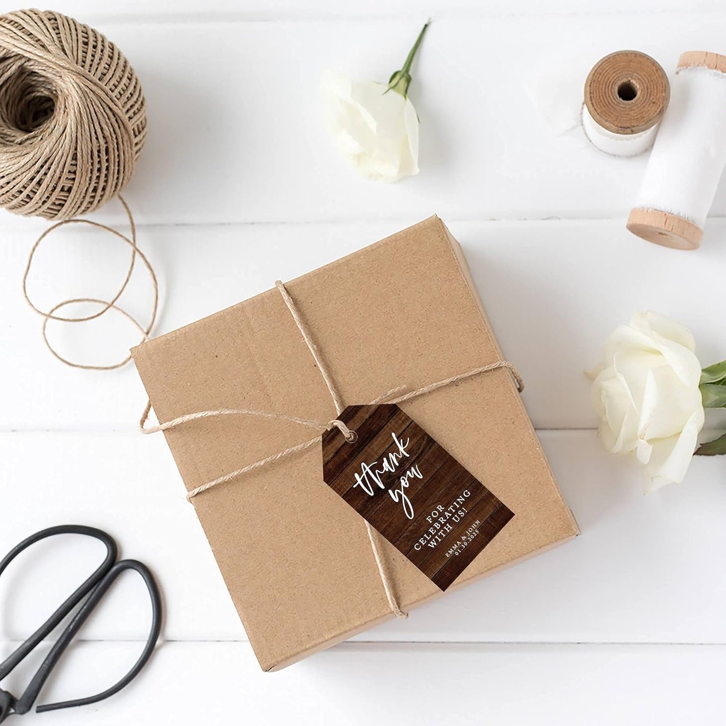Andaz 100-Pack Personalized Thank You Tags - Custom Cardstock Wedding Favors with Bakers Twine & Rustic Wood Finish - 2 x 3.75-Inches