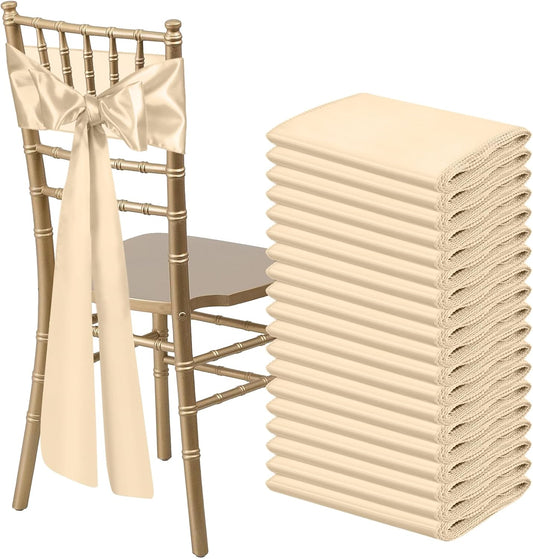 50 PCS Satin Chair Sashes Bows Universal Chair Ribbon Ties Back Sash for Wedding Party Reception Events Banquets Hotel Event Chair Cover Decoration (Champagne 7x108 inch)