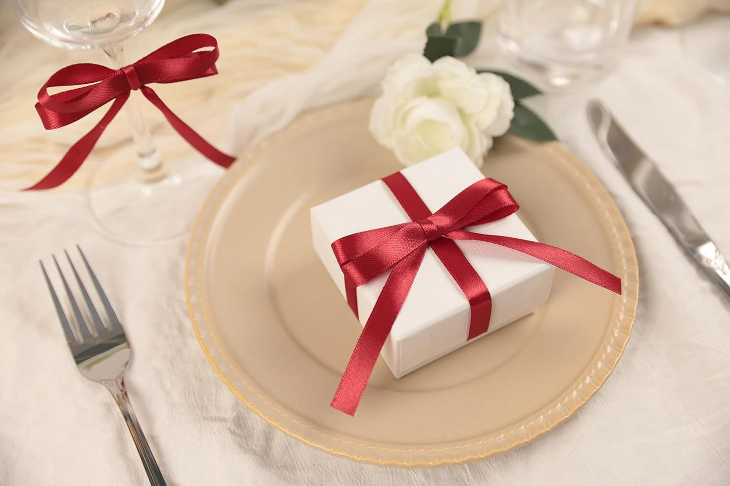 Scarlet Red Satin Ribbon 3/8 inch X Continuous 100 Yards, Single Face Polyester Ribbon Perfect for Gift Wrapping, Flower Bouquet, Wedding Decor, Crafts, Bow Making, Sewing and More